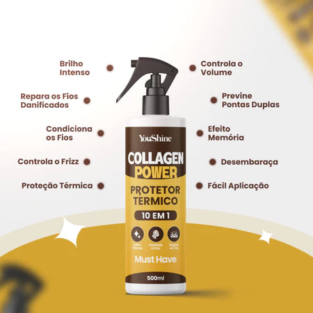 Protetor Térmico Collagen Power 10 em 1 Spray 500mL YouShine Defrizante Finalizador Capilar